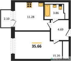 Планировка однокомнатной(квартира) площадью 35.66 квадратных метров в “ЖК Квартал Ивакино”