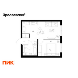 Планировка однокомнатной(квартира) площадью 34.6 квадратных метров в ЖК “ЖК Ярославский”