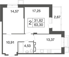 Планировка двухкомнатной(квартира) площадью 63.3 квадратных метров в “ЖК Времена года”