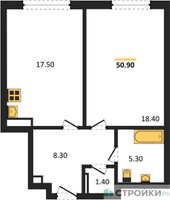 Планировка однокомнатной(квартира) площадью 50.9 квадратных метров в “ЖК Крылатская 33”