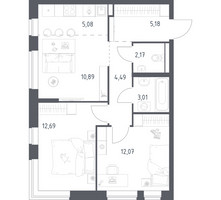 Планировка двухкомнатной(квартира) площадью 55.58 квадратных метров в “ЖК Новое Видное”