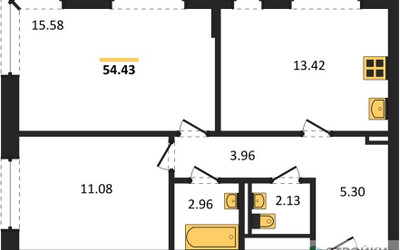 Планировка двухкомнатной(квартира) площадью 54.43 квадратных метров в ЖК “ЖК Квартал Западный”