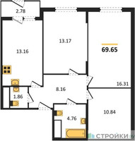 Планировка трехкомнатной(квартира) площадью 69.65 квадратных метров в “ЖК Светлый мир БиоПолис”