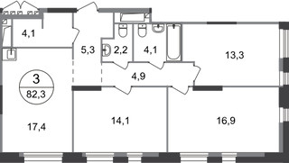 Планировка трехкомнатной(квартира) площадью 82.3 квадратных метров в “ЖК Первый Московский”