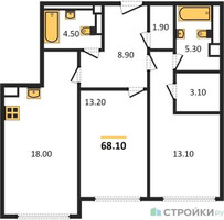 Планировка двухкомнатной(квартира) площадью 68.1 квадратных метров в “ЖК Нагатино Ай-Лэнд”