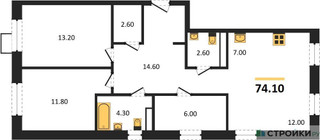 Планировка двухкомнатной(квартира) площадью 74.1 квадратных метров в “ЖК ЭкоБунино (Южное Бунино)”