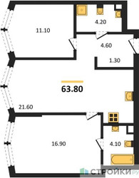 Планировка двухкомнатной(квартира) площадью 63.8 квадратных метров в ЖК “Акценты”