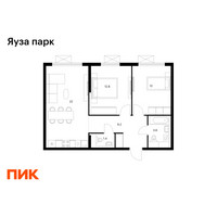 Планировка двухкомнатной(квартира) площадью 61 квадратных метров в “ЖК Яуза Парк (Мытищи)”