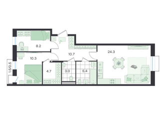 Планировка трехкомнатной(квартира) площадью 67.1 квадратных метров в ЖК “ЖК G3 Театральный”