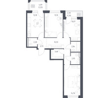 Планировка трехкомнатной(квартира) площадью 77.35 квадратных метров в “ЖК Прибрежный Парк”