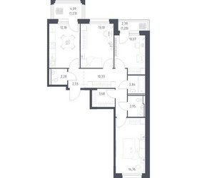 Планировка трехкомнатной(квартира) площадью 77.35 квадратных метров в ЖК “ЖК Прибрежный Парк”