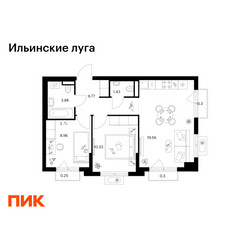 Планировка двухкомнатной(квартира) площадью 51.78 квадратных метров в ЖК “ЖК Ильинские луга”