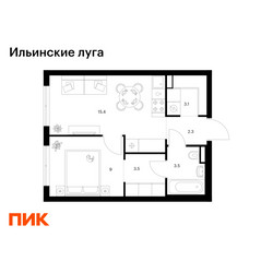 Планировка однокомнатной(квартира) площадью 36.8 квадратных метров в ЖК “ЖК Ильинские луга”
