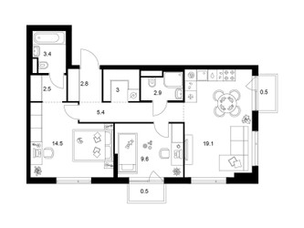 Планировка двухкомнатной(квартира) площадью 64.2 квадратных метров в ЖК “Бунинская набережная”