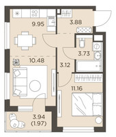 Планировка однокомнатной(квартира) площадью 44.29 квадратных метров в “ЖК Одинград”