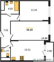 Планировка двухкомнатной(квартира) площадью 54.19 квадратных метров в “ЖК Светлый мир БиоПолис”