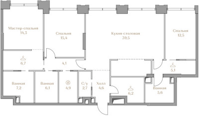 Планировка трехкомнатной(квартира) площадью 134.9 квадратных метров в ЖК “ЖК Коллекция Лужники”