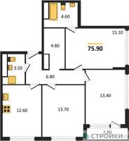 Планировка трехкомнатной(квартира) площадью 75.9 квадратных метров в “ЖК Южные сады”