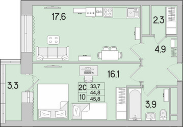 Планировка однокомнатной(квартира) площадью 45.8 квадратных метров в ЖК “ЖК Идеал”