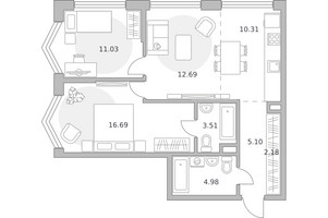 Планировка трехкомнатной(квартира) площадью 66.49 квадратных метров в “ЖК Мневники от Гранель”