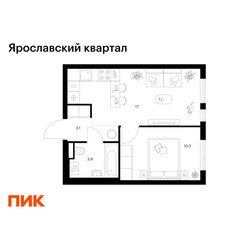 Планировка однокомнатной(квартира) площадью 34.3 квадратных метров в ЖК “Ярославский квартал”