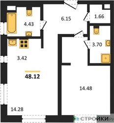 Планировка однокомнатной(апартаменты) площадью 48.12 квадратных метров в ЖК “ЖК N’ICE LOFT (Найс Лофт)”