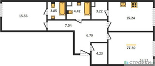 Планировка двухкомнатной(квартира) площадью 77.27 квадратных метров в “Квартал Foriver”