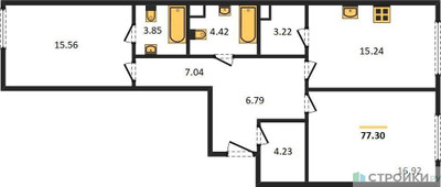 Планировка двухкомнатной(квартира) площадью 77.27 квадратных метров в ЖК “Квартал Foriver”