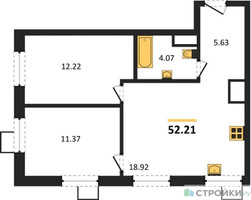 Планировка двухкомнатной(квартира) площадью 52.21 квадратных метров в “ЖК Квартал Тетрис”