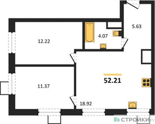 Планировка двухкомнатной(квартира) площадью 52.21 квадратных метров в ЖК “ЖК Квартал Тетрис”