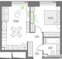 Планировка однокомнатной(квартира) площадью 44.7 квадратных метров в “ЖК Upside Towers (Апсайд Тауэрс)”