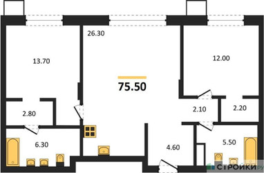 Планировка двухкомнатной(квартира) площадью 75.5 квадратных метров в ЖК “ЖК Резиденции Сколково”