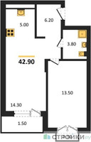 Планировка однокомнатной(апартаменты) площадью 42.9 квадратных метров в “ЖК Равновесие”