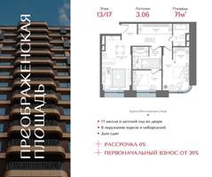 Планировка двухкомнатной(квартира) площадью 71 квадратных метров в “ЖК Преображенская Площадь”