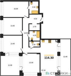 Планировка 4+ комнатной(квартира) площадью 114.3 квадратных метров в ЖК “ЖК Shagal (Шагал)”
