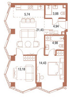 Планировка двухкомнатной(квартира) площадью 68.5 квадратных метров в “ЖК Симфония 34”