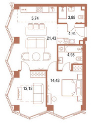 Планировка двухкомнатной(квартира) площадью 68.5 квадратных метров в ЖК “ЖК Симфония 34”
