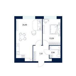 Планировка однокомнатной(апартаменты) площадью 50.2 квадратных метров в ЖК “МФК DIUS (Диус)”