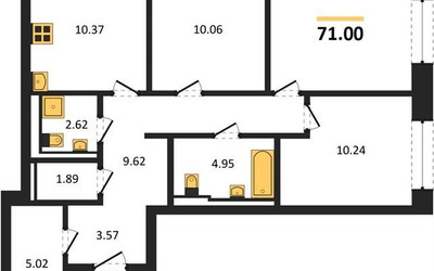 Планировка трехкомнатной(квартира) площадью 71 квадратных метров в ЖК “ЖК Квартал Герцена”