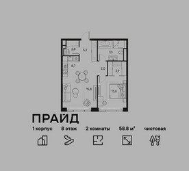 Планировка двухкомнатной(квартира) площадью 58.8 квадратных метров в ЖК “ЖК PRIDE (Прайд)”