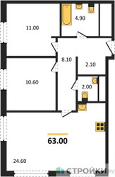 Планировка двухкомнатной(квартира) площадью 63 квадратных метров в ЖК “ЖК Сиреневый парк”