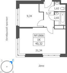 Планировка однокомнатной(апартаменты) площадью 40.32 квадратных метров в ЖК “ЖК Волковская 67”