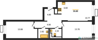 Планировка двухкомнатной(квартира) площадью 59.89 квадратных метров в ЖК “ЖК Пятницкие луга”