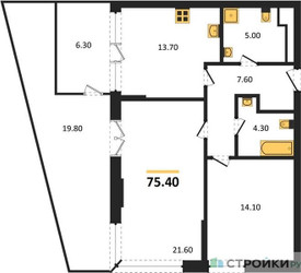 Планировка двухкомнатной(квартира) площадью 75.4 квадратных метров в ЖК “ЖК VERY на Миклухо-Маклая (Вери на Миклухо-Маклая)”