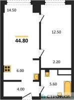 Планировка однокомнатной(квартира) площадью 44.8 квадратных метров в “ЖК Very (Вери)”