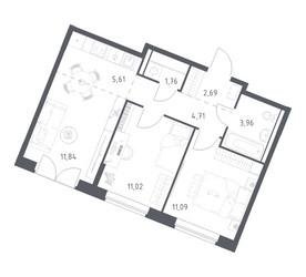 Планировка двухкомнатной(квартира) площадью 52.68 квадратных метров в ЖК “ЖК Квартал Западный”