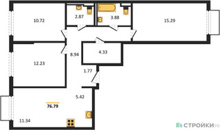 Планировка трехкомнатной(квартира) площадью 76.79 квадратных метров в “ЖК Пригород Лесное”