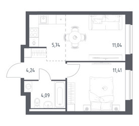 Планировка однокомнатной(квартира) площадью 36.52 квадратных метров в ЖК “ЖК Новое Видное”