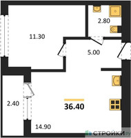 Планировка однокомнатной(квартира) площадью 36.4 квадратных метров в “ЖК Первый квартал”