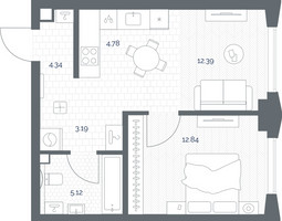 Планировка однокомнатной(квартира) площадью 42.66 квадратных метров в “ЖК TATE (Тэйт)”